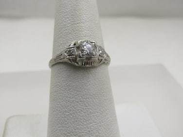Vintage Platinum Diamond Engagement Ring, Art Deco, Sz. 7. 1920's, Signed Certified