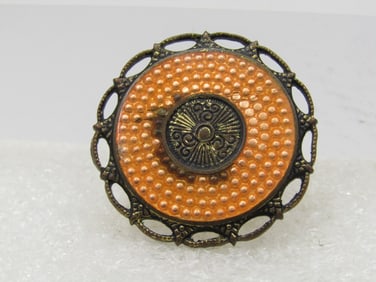 Vintage Orange Guilloche Circle Brooch, 1920's-1930's