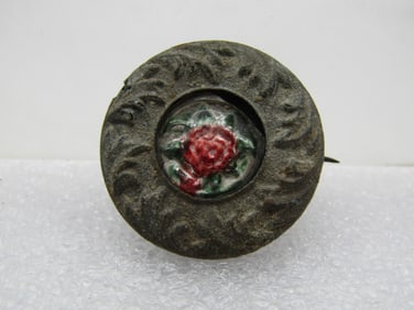 Antique Floral Glass Pressed Metal Brooch, C-Clasp, 1800's. Pressed silver tone metal with a