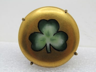 Antique Porcelain Three-Leaf Clover Brooch, 1910-1920's, C-Clasp