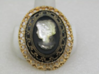 Vintage Black Glass Clear Cameo Brooch, Gold Tone, 1960's, 2"