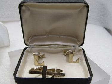 Vintage Initial L Cufflinks & Tie Clasp Set, Boxed, 1940's-1950's