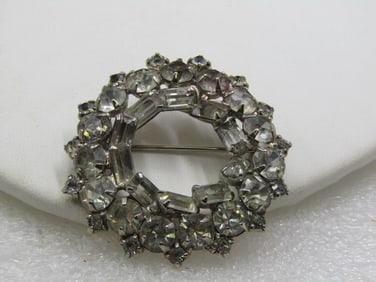 Vintage Clear Rhinestone Circle Brooch, 1.75", 1940'-1950's