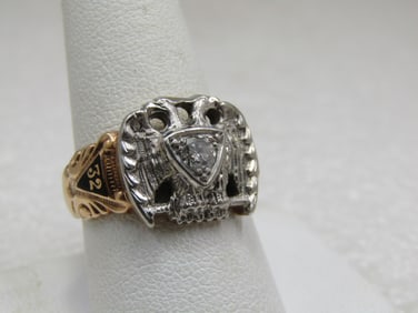 Vintage 10kt Masonic 32nd Degree Diamond Double-Headed Eagle Ring, Sz. 9.5