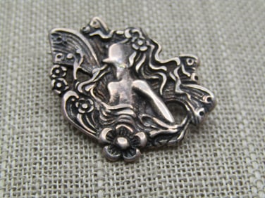 Vintage Sterling Woman & Flowers Brooch, Art Nouveau Themed, Mid-Century
