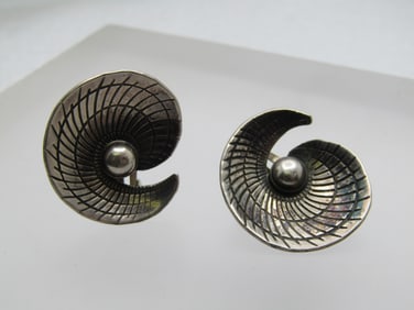 Sterling Spiral Modernist Clip Earrings, Signed A & K Denmark, AARRE & KROGH