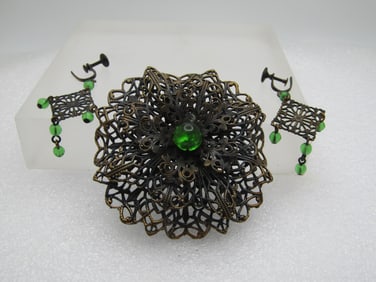 Antique Filigree Tiered Brooch & Earrings, Screw Back