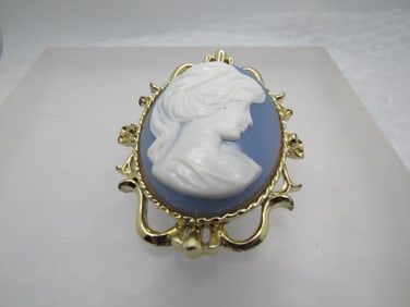 Vintage Blue & White Cameo Brooch, Signed Gerry's, 1960's