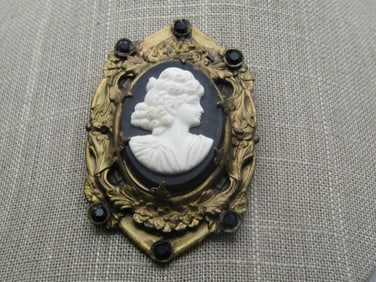 Antique Black & White Cameo Brooch, Ornate, 1920's, 3"