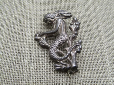 Vintage Sterling Silver Mermaid Brooch, Bottom of Sea, C-Clasp, 1930's-1940's, Signed Uncas