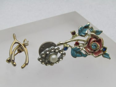 Three Vintage Brooch Lot, Floral, Wishbone, 1930's Tack
