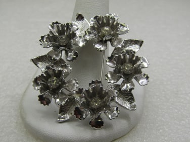 Vintage Floral & Rhinestone Circle Brooch, 1.75", 1960's
