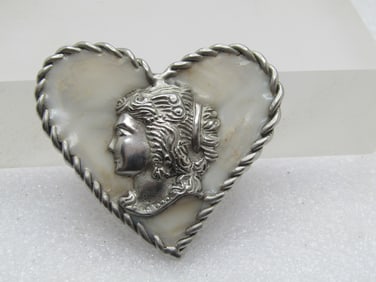 Vintage Glass Heart Brooch with Woman's Head, C-Clasp, 1950's-1960's