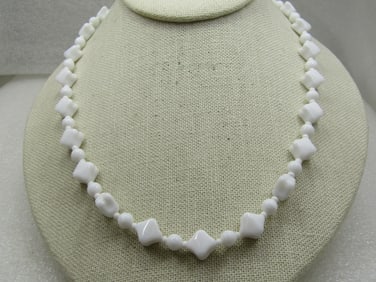 Vintage White Glass Necklace, Round & Square Beads, 24", 1960's