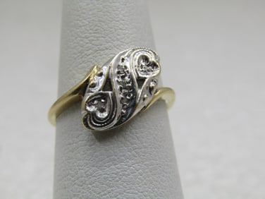 Vintage 14kt Scrolled Diamond Ring, Bypass, Signed KDC, Sz. 6