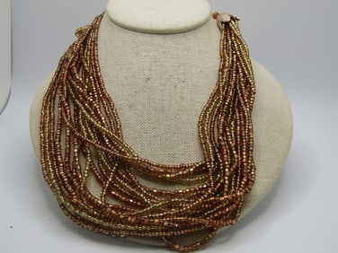 Vintage 18 Strand Gold/Coppery Beaded Necklace, 19", Japan