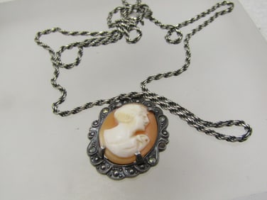 Vintage Sterling Marcasite Cameo Necklace, 21" Rope Chain
