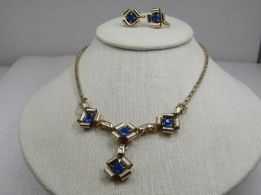 Vintage Rhinestone Necklace/Earrings Set, 1940-1950, 15.75"