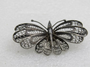 Antique Silver Filigree Butterfly Brooch, 2-3/8", .800 Silver, 1930's, C-Clasp