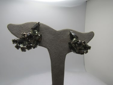 Vintage Smoky Rhinestone Clip Earrings, 1940's-1960's