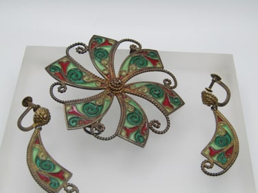 Antique Sterling Transparent Enameled Brooch & Earrings, Signed Johan Kjaerland, 1910