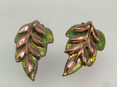 Vintage Copper Enameled Leaf Earrings. Clip, Signed Renoir, 1950's-1960's