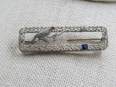Antique 14kt Filigree Bird Diamond Sapphire Brooch, 19120's-1930's