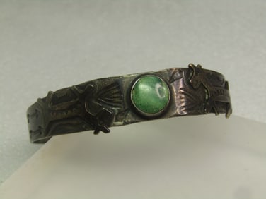 Vintage Sterling Dog/Horse Turquoise Cuff Bracelet, 6.75", Fred Harvey Era, 1920's-1940's