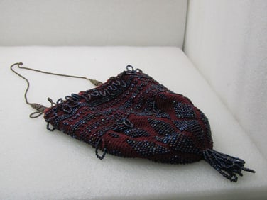 Antique Beaded Floral Purse, Brass Wheatlink Strap, Maroon/Red Peacock Beads