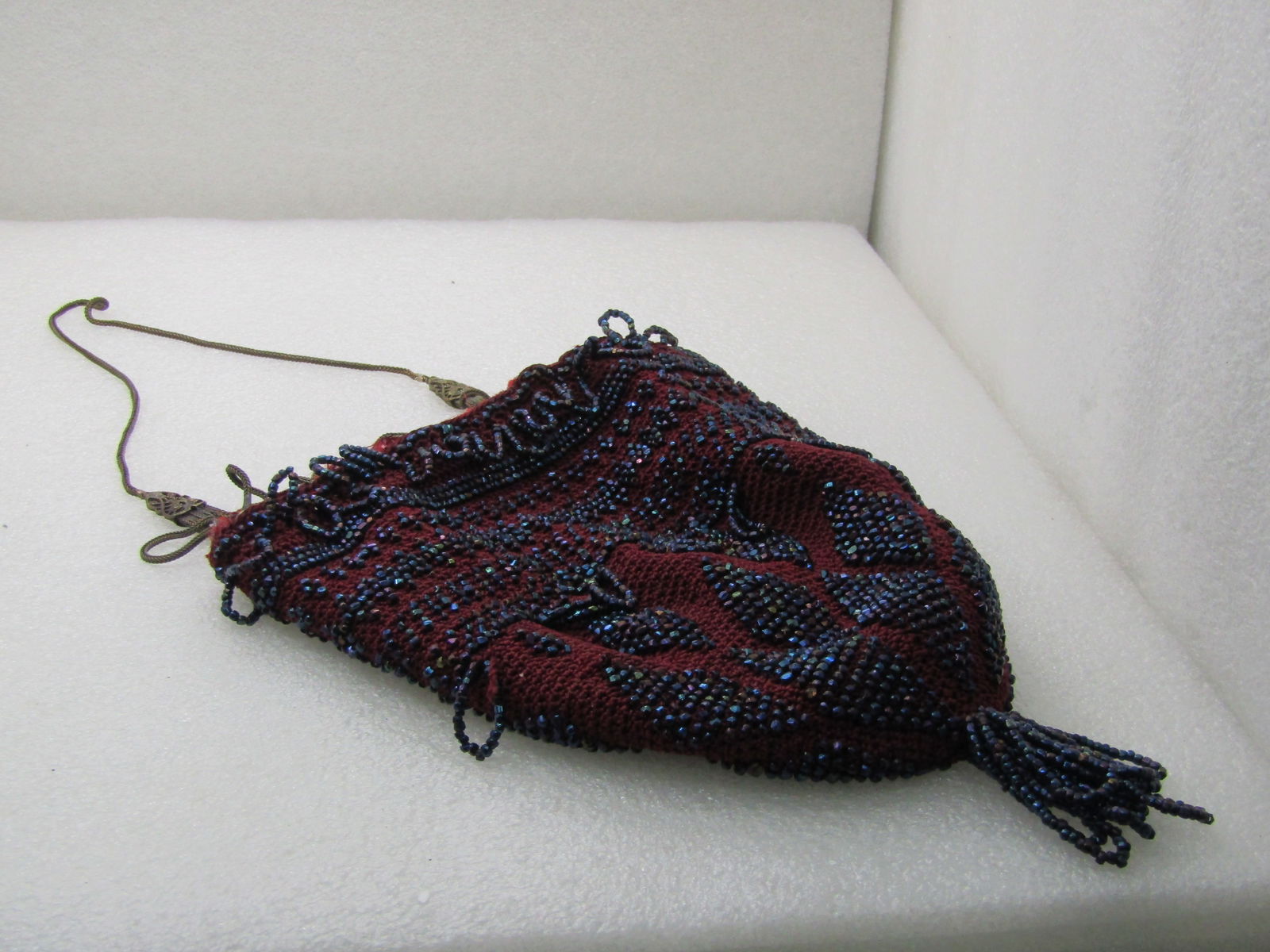 Antique Beaded Floral Purse, Brass Wheatlink Strap, Maroon/Red Peacock Beads (1 of 8)