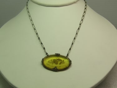 Antique Glass Reverse Cut Floral Necklace, Paperclip Chain, 15", 1920's-1930's