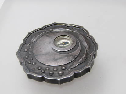 Antique Sterling Silver Coin/Medallion with Working Complass. Chinese Hallmarks: Antique Sterling Silver Coin/Medallion with Working Complass. Chinese Hallmarks. This is a heavy coin-like 1.75" blossom shaped medallion/medal that has an embedded 1/2 working compass with Chinese di