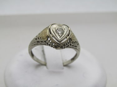 Art Deco 18kt Filigree Diamond Heart Ring, Sz. 6.5, Needs Repair at Back, 1910's-1920's