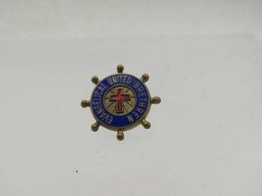 Vintage Enameled Evangelical United Brethern Lapel Pin, Ship's Wheel, Mid-Century