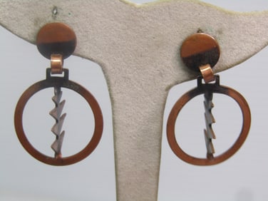 Vintage Copper Modernist/Abstract Dangle Earrings, Screwback, 1960's-1970's