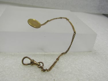Antique 10kt G.F Early 1900's Watch Chain with Button and Clip, 9", Signed WHB&Co