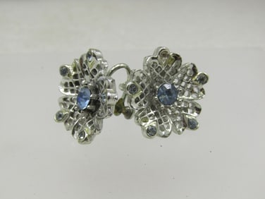 Vintage Blue Rhinestone Filigree Earrings, Screwback Silver Tone, 1950's-1960's