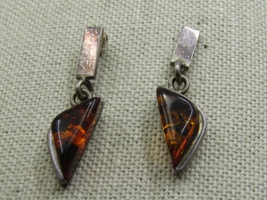 Vintage Sterling Amber Drop ModernistEarrings, 1.5",