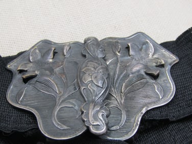Art Nouveau Lily Belt Buckle with Black Sash/Belt, 33"