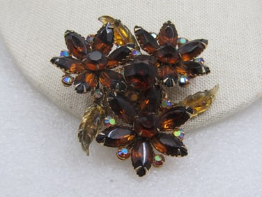 Vintage Brown Rhinestone Triple Blossom Brooch, Mid-Century, 2.5"