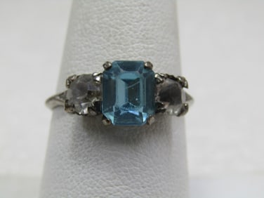 Vintage Sterling Aqua & Clear Rhinestone Ring, Sz. 8, 1940's, Signed