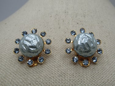Vintage Blue Faux Pearl & Rhinestone Earrings, Clip, 1940's