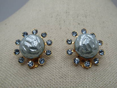 Vintage Blue Faux Pearl & Rhinestone Earrings, Clip, 1940's: Vintage Blue Faux Pearl & Rhinestone Earrings, Clip, 1940's. the center is a pearly light blue faux baroque pearl nearly half round cabochon that is appx. 15.mm round with a low jagged bezel. There is