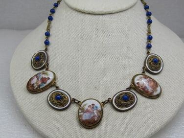 Vintage French Courting Scene Multi-Cameo Drop Necklace, 17", 1930's-1940's
