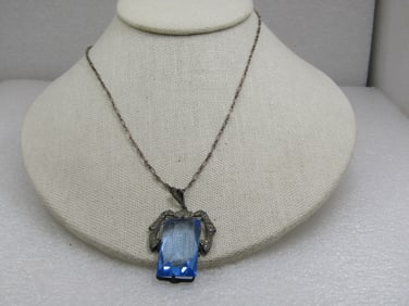 Vintage Sterling Blue Czech Glass & Rhinestone Necklace, 18".