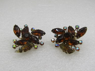 Vintage Brown & AB Rhinestone Clip Earrings Mid-Century
