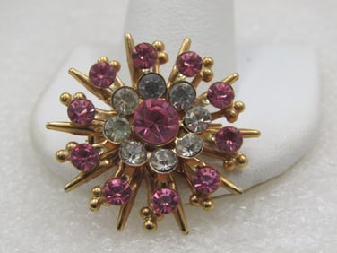 Vintage Pink & Clear Rhinestone Brooch, Snowflake/Blossom, 1.5"