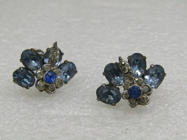 Vintage Art Deco Rhinestone & Floral Earrings, Screwback, 1930's-1940's