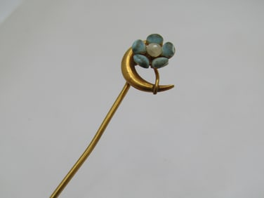 12kt Victorian Forget-Me-Not Crescent Stick Pin, Enameled, Seed Pearl, Lat 1800's