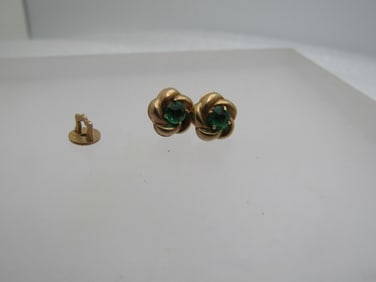 Antique 10kt Emerald Pierced Earrings, Old Mine Cut, Blossom, Early 1900's